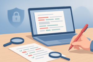 Laptop with color-coded edits, a red pen, and magnifying glasses on a desk, with a subtle security shield—essay editing and proofreading concept.
